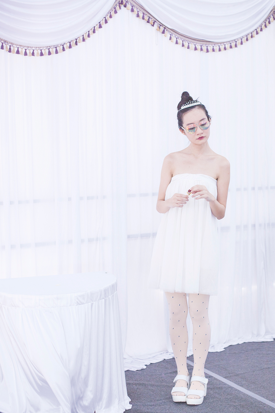 Princess outfit: Irresistible Me silver Aurora Tiara hair accessory, DressLink white tulle tutu skirt, Sunmill heart print tights from Shanghai, Taobao white platform sandals, Guess iridescent sunglasses.
