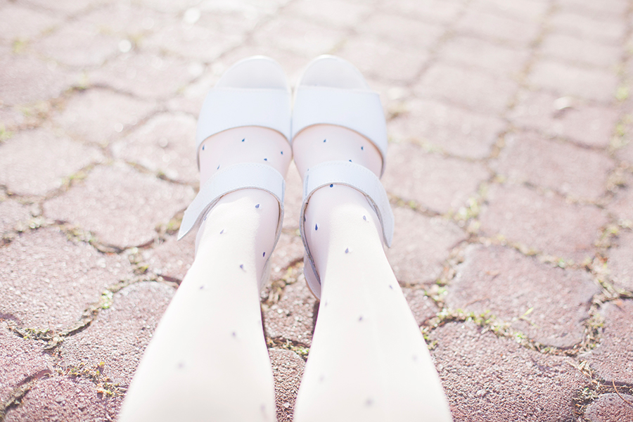 Princess outfit: Sunmill heart print tights from Shanghai, Taobao white platform sandals.