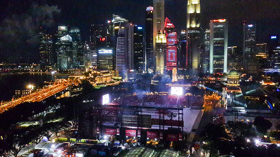 Buildings in the central business participating in the light-up at the National Day Parade 2015 dress rehearsal at the Padang.