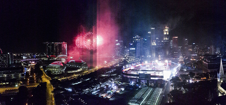 Panoramic view of the fireworks at the National Day Parade 2015 dress rehearsal at the Padang.