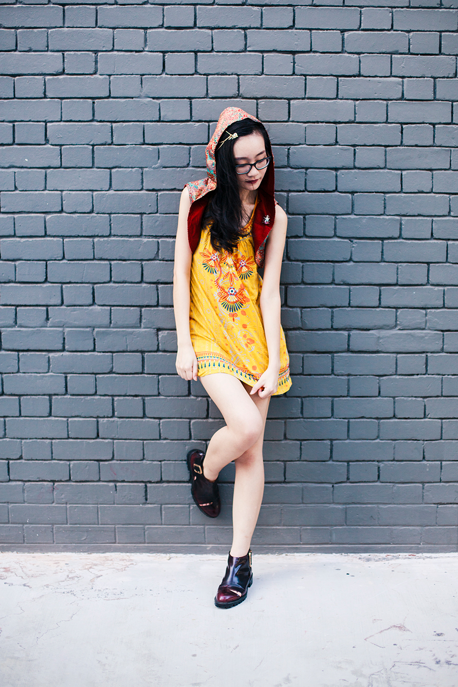 Born of Fire outfit: Irresistible Me Sophia Hair Chain, Forever 21 yellow embroidered tunic dress, Jeffrey Campbell cutout wine booties.