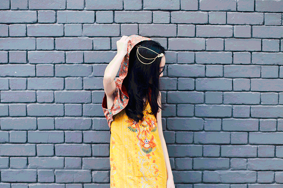Born of Fire outfit: Irresistible Me Sophia Hair Chain, Forever 21 yellow embroidered tunic dress.