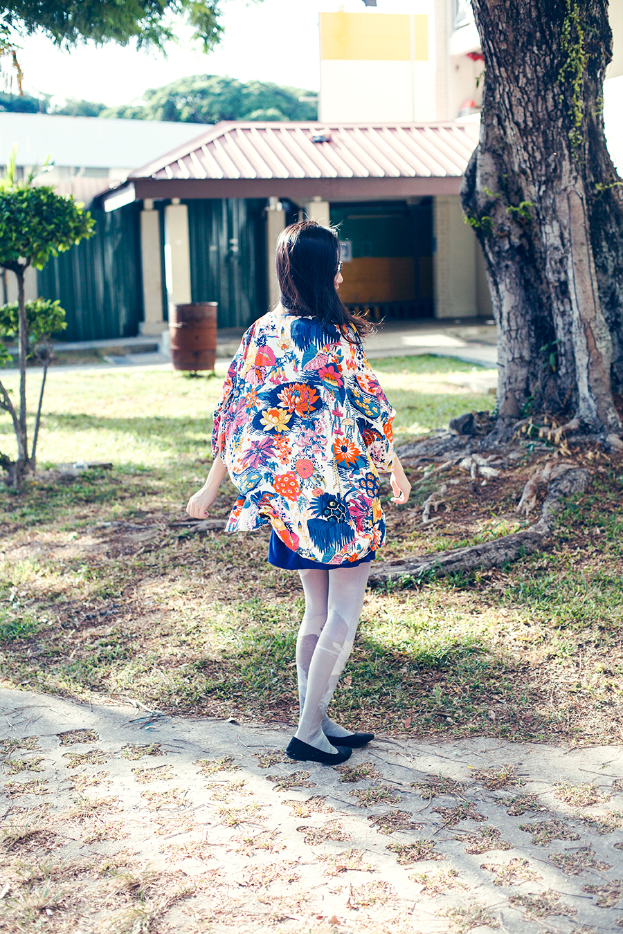 Moon Flowers outfit: DressLink floral kimono cardigan, Passport Love blue v-neck dress, Urban Outfitters moon landscape tights, Rubi black ballet flats, Gap black frame glasses, handmade cutlery earrings.