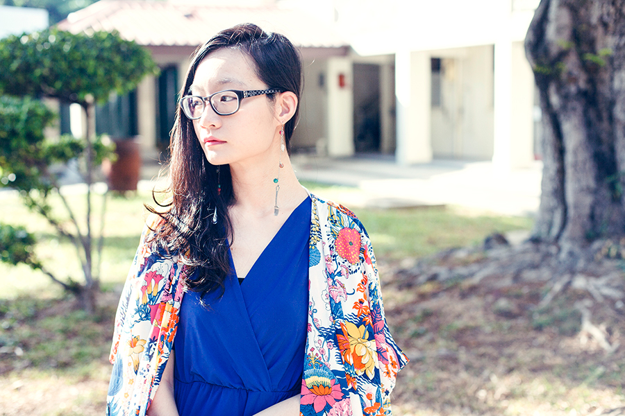 Moon Flowers outfit: DressLink floral kimono cardigan, Passport Love blue v-neck dress, Gap black frame glasses, handmade cutlery earrings.