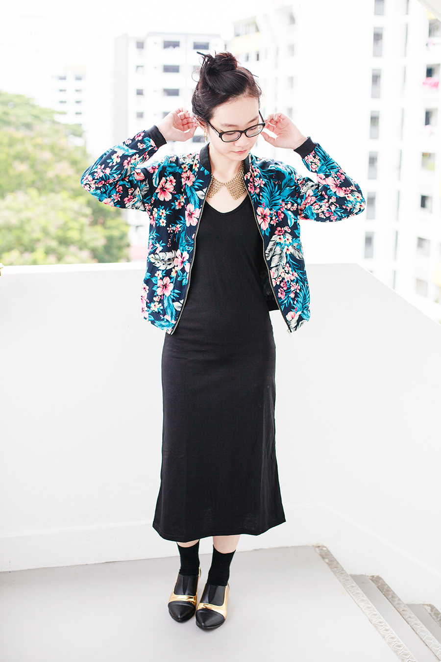Day to night outfit: Newdress blue floral jacket, Newdress v-neck strappy black dress, Forever 21 gold chain collar necklace, Gap black frame glasses, Taobao black crew socks, Something Borrowed Dual-Toned black and gold Pointed Flats via Zalora.