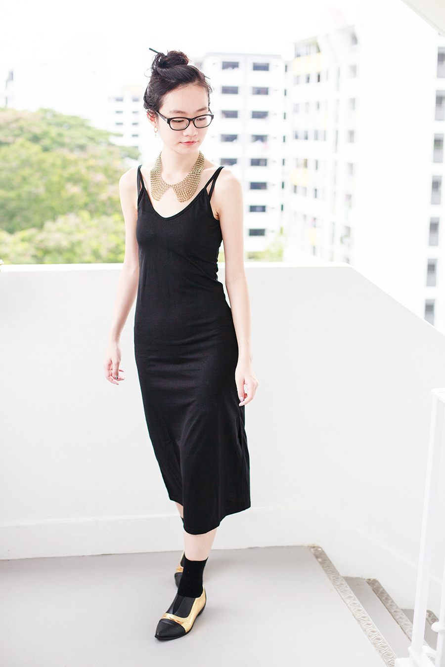 Day to night outfit: Newdress v-neck strappy black dress, Forever 21 gold chain collar necklace, Gap black frame glasses, Taobao black crew socks, Something Borrowed Dual-Toned black and gold Pointed Flats via Zalora.