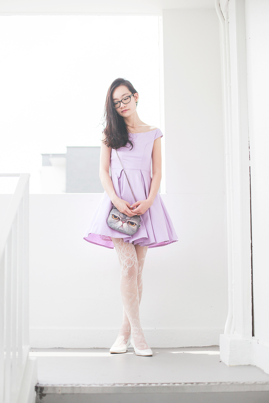 Wedding bridesmaid outfit: The Velvet Dolls Arianna Off-Shoulder Dress in Lilac, Miwo grumpy cat face bag, Forever 21 white lace tights, Vincci white pumps, Osewaya mermaid earrings, Gap black frame glasses