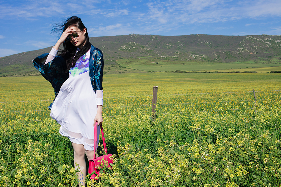 Flowery outfit in Darling, South Africa: Kae Hana white mesh Rorschach dress, Dressin.com blue phoenix kimono cardigan, dressin.com mirror sunglasses, Nine West pink satchel, MoE printed tights.