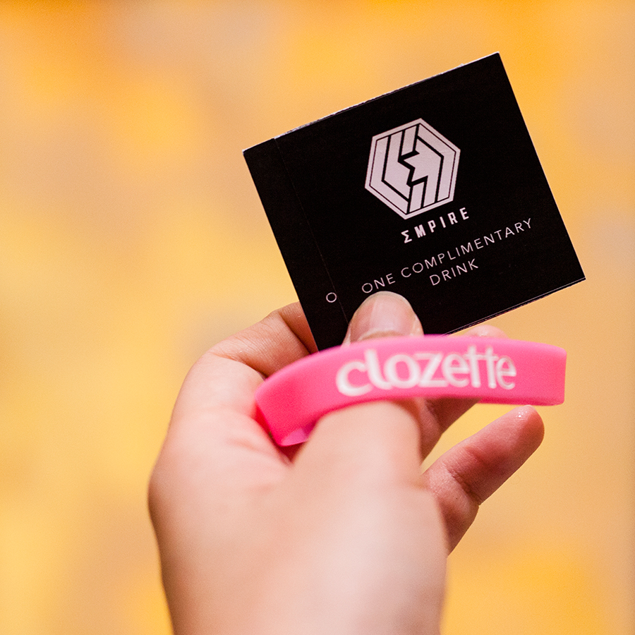 Complimentary drink ticket and pink wristband c/o Clozette at the Sky Grande Prix party on Empire, Singapore Land Tower.