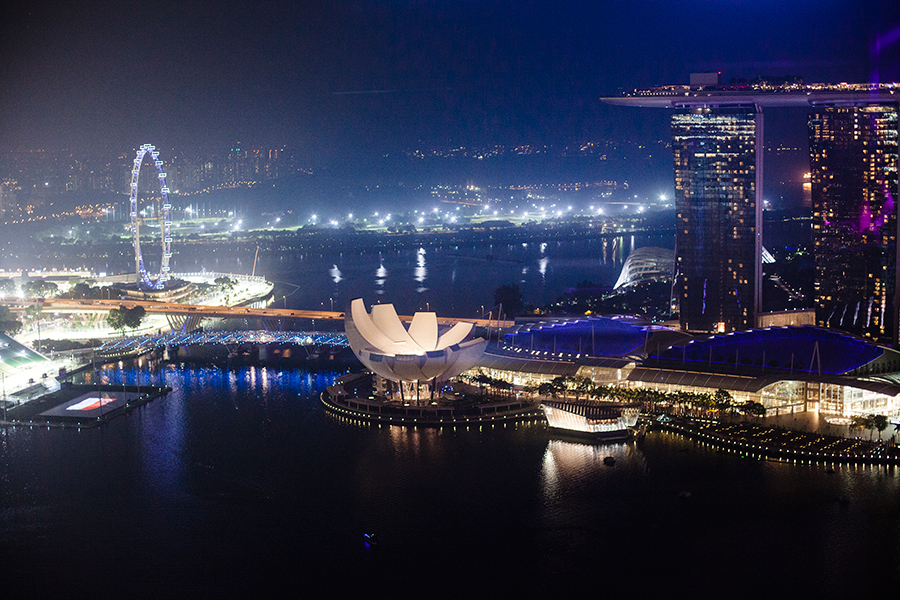 View of the Singapore Skyline at night: Marina Bay Sands, Singapore Flyer, from Empire, 45th floor of Singapore Land Tower.