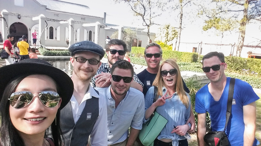 Group photo in sunglasses at Fairview Wine and Cheese, South Africa.