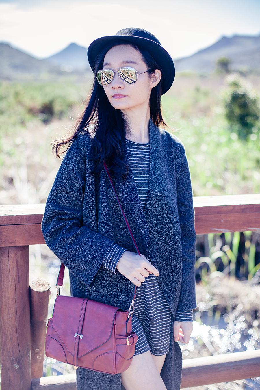 Silvermine Outfit: Zara striped tunic dress, Zara grey knit coat, Dressgal red satchel, Dressin silver mirror sunglasses.