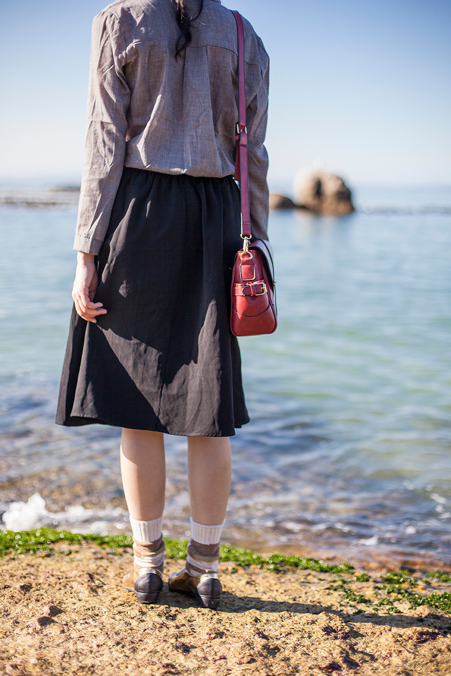 Outfit at Boulders Beach, Table Mountain National Park, Cape Town, South Africa: Dressgal grey linen shirt, Dressgal red satchel handbag, Lowry's Farm black midi skirt with pockets, Anonymous Ism patchwork crew socks via Shopbop, Something Borrowed black & gold pointed flats via Zalora.