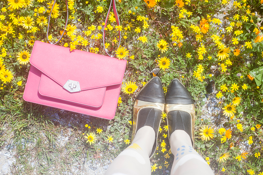 From where I stand among wildflowers at Yzerfontein, South Africa: Nine West pink satchel handbag, Something Borrowed black & gold pointed flats via Zalora.
