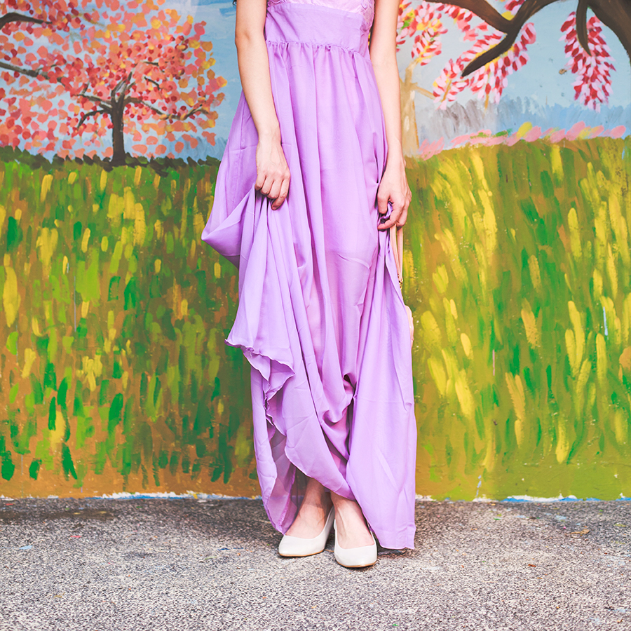 CNDirect purple lace chiffon dress, Vincci white silver pumps.