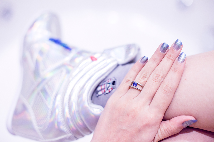 Halloween Spacesuit outfit: Taobao grey astronaut socks, Zalora iridescent concealed wedges sneakers, silver and blue nail polish, sapphire engagement ring.