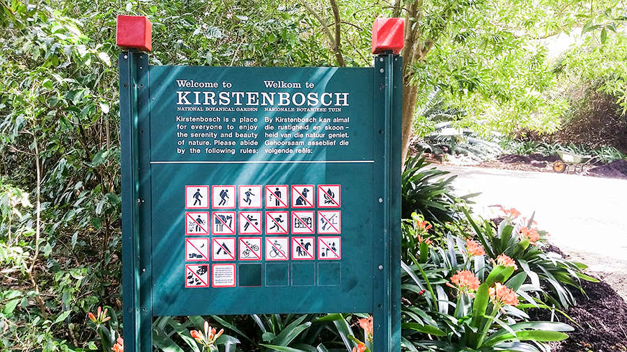 Signage at the entrance at Kirstenbosch, South Africa.