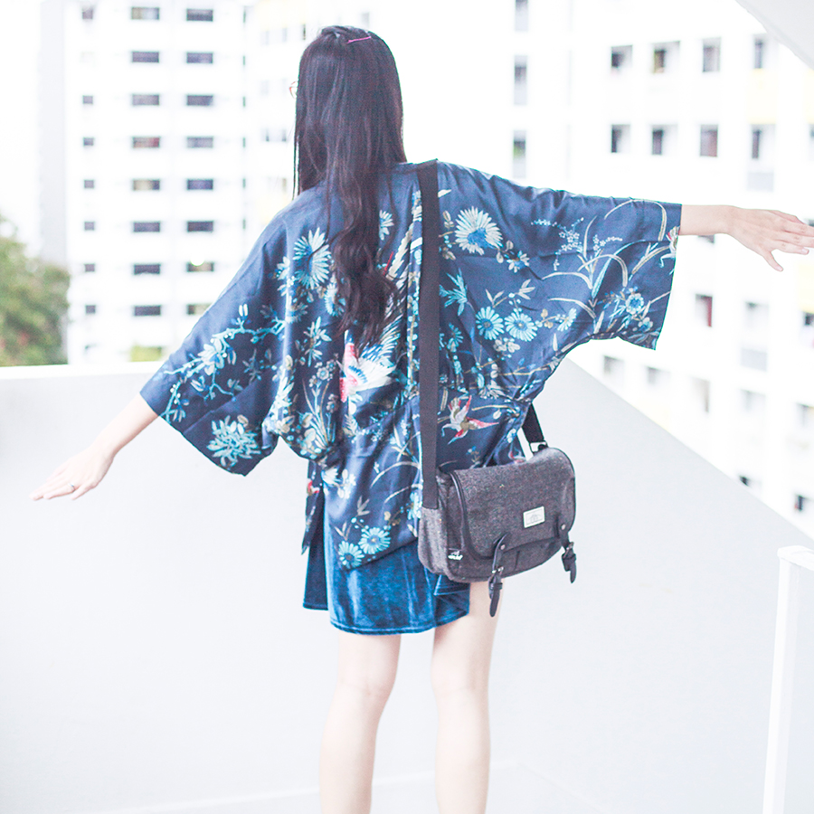 Dressin blue phoenix kimono cardigan, Cotton On velvet dress, Bugis Street grey satchel.