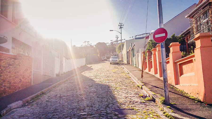 Steep cobbled road at Cape Town.