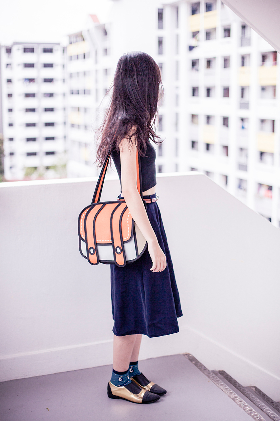 2D satchel bag from Taobao, black & gold pointed flats from Something Borrowed via Zalora.