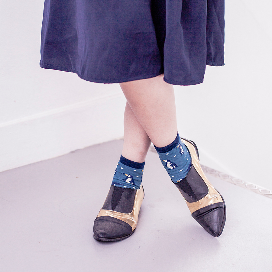 Blue penguin tabi socks, black & gold pointed flats from Something Borrowed via Zalora.