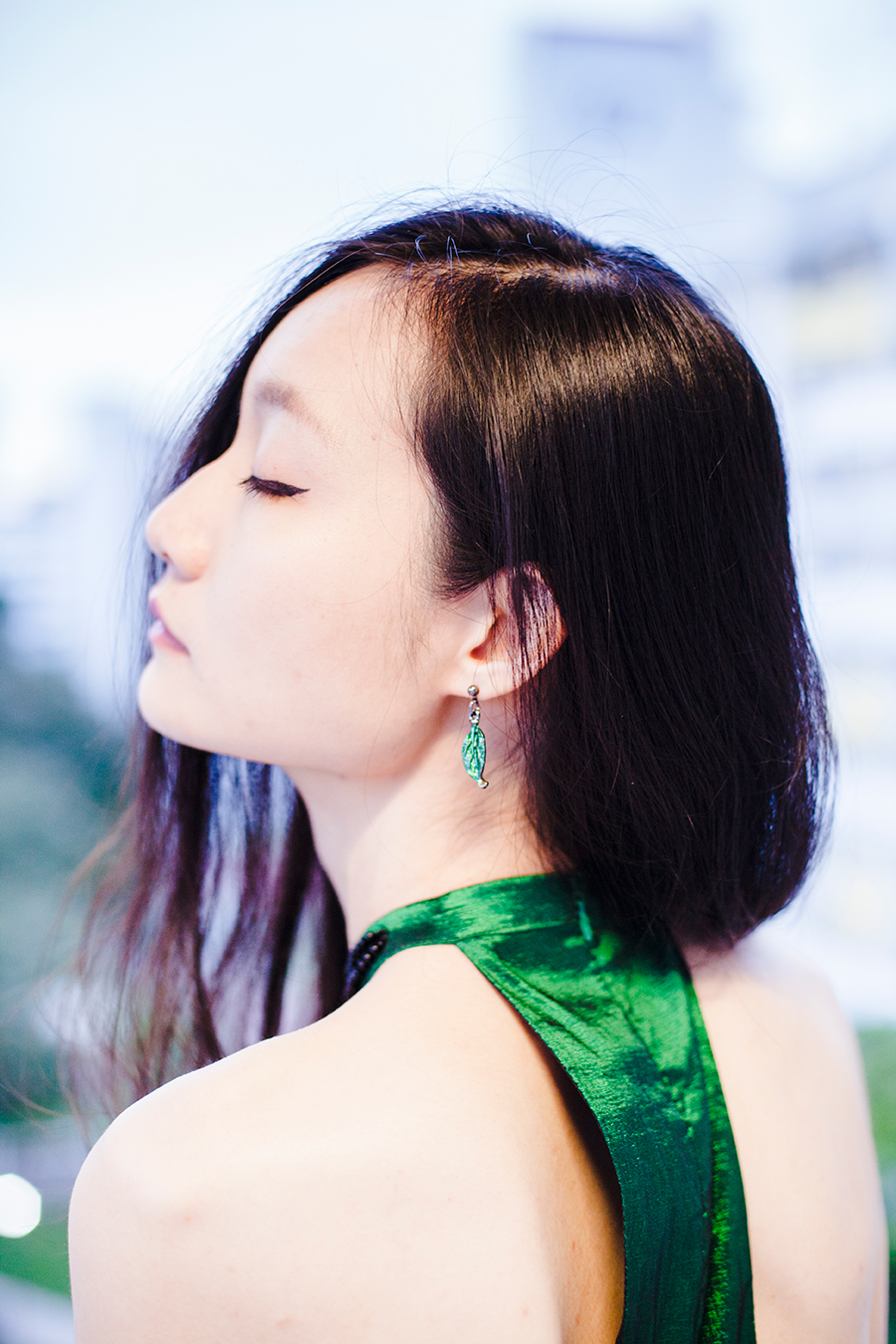 Green satin backless dress from CNDirect, Dressin green leaf earrings.