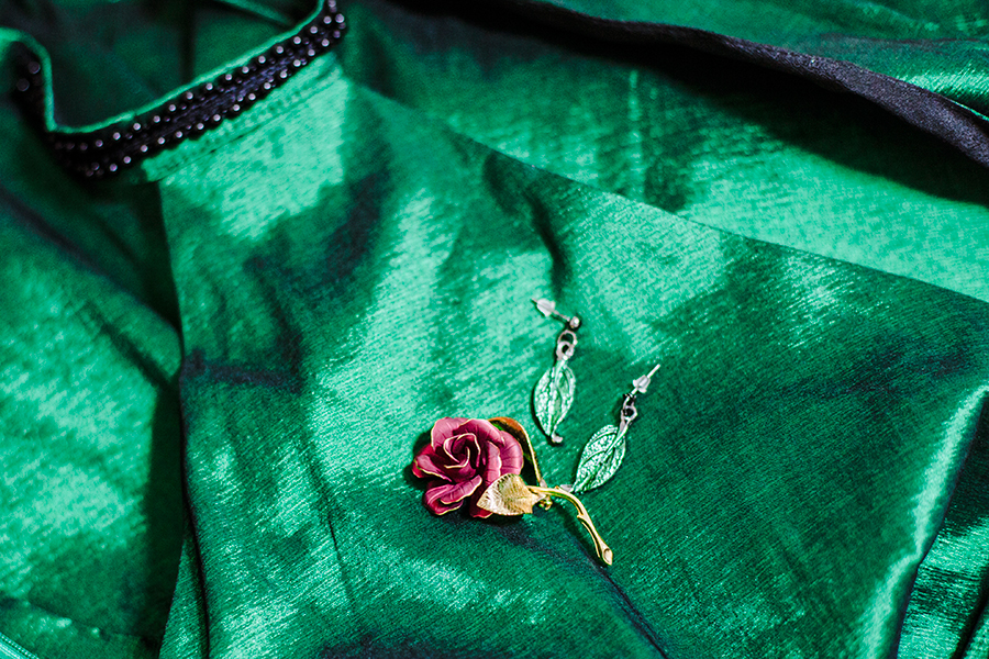 Green satin backless dress from CNDirect, vintage gold rose brooch, Dressin green leaf earrings.