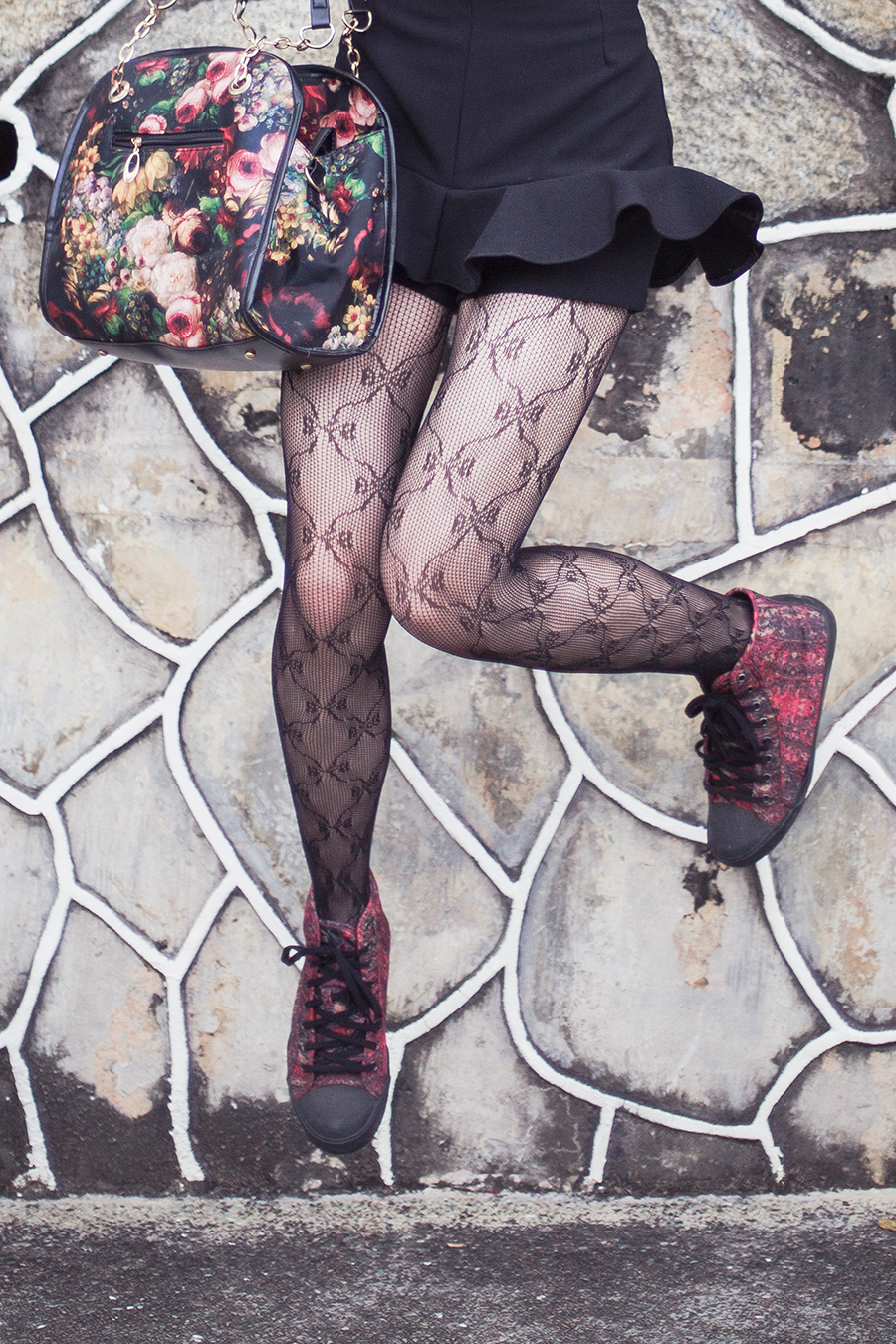 Topshop ribbon lace tights, Dressin floral bag, McQ x Puma high top sneakers, Simply Willow emerald necklace.