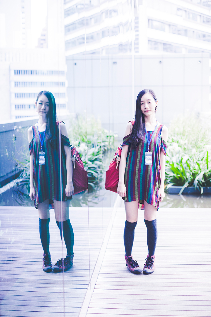 Outfit to the Lazada Singapore's Blogger Bazaar: Urban Outfitters striped dress, Tutuanna knit knee socks, Alexander McQueen x Puma sneakers.