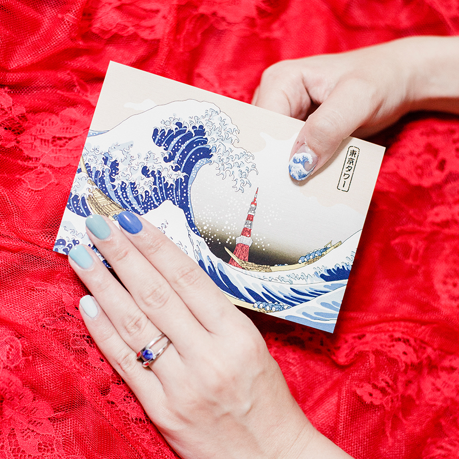 The Nailartasaurus Hokusai The Great Wave gel nails, sapphire engagement ring, Tokyo Tower hokusai postcard.