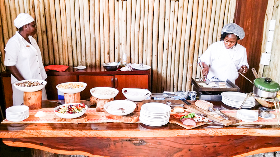Breakfast spread and omelettes and pancakes to order at Rhino Post Safari Lodge, Kruger National Park, South Africa.