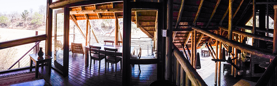 View of second story shared space at Rhino Post Safari Lodge, Kruger National Park, South Africa.