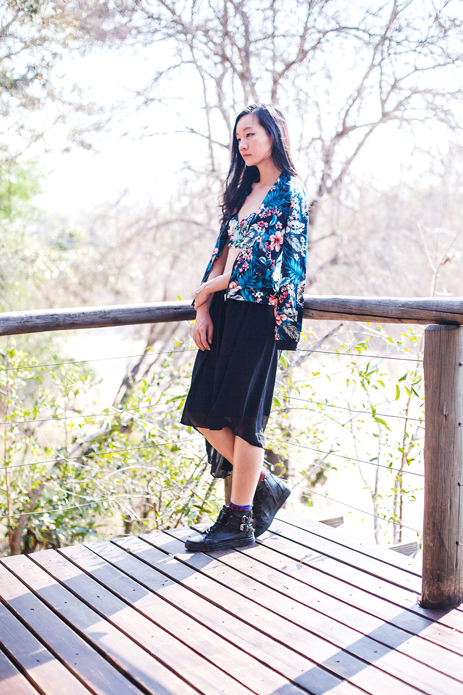 Floral and black outfit for safari, South Africa.