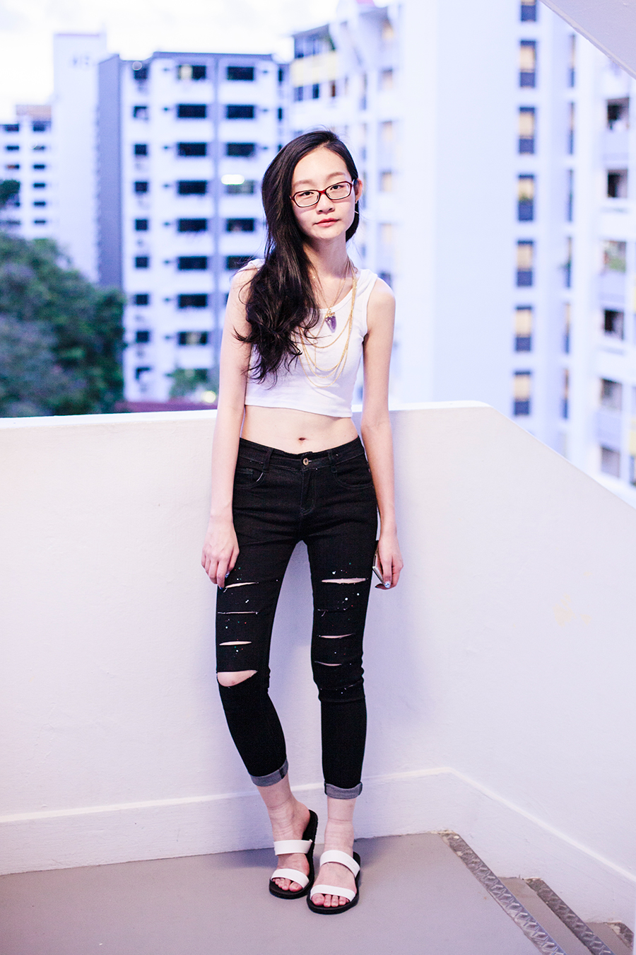 Monochromatic casual outfit: Boylymia ripped jeans, WholesaleBuying white tank crop top, Dealsale amethyst necklace, Firmoo red framed glasses, BlackOutSG white sandals.