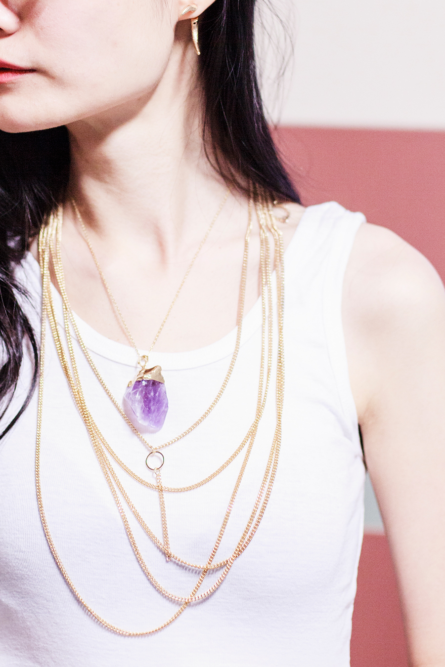 Dealsale amethyst necklace, Topshop gold bodychain as necklace, WholesaleBuying white tank crop top.