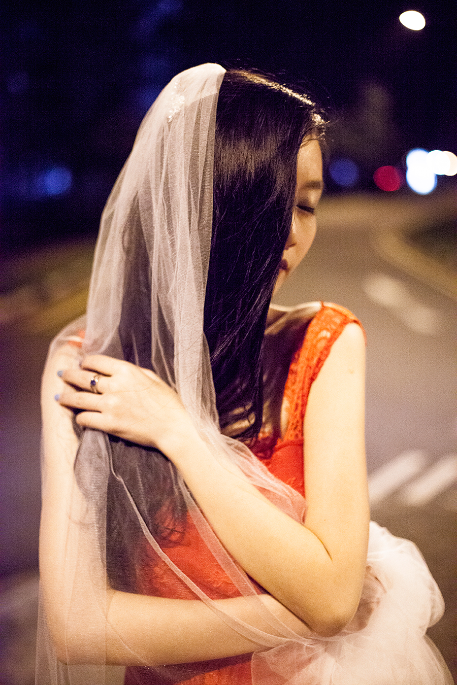 Banggood red lace gown and Banggood white long wedding veil.