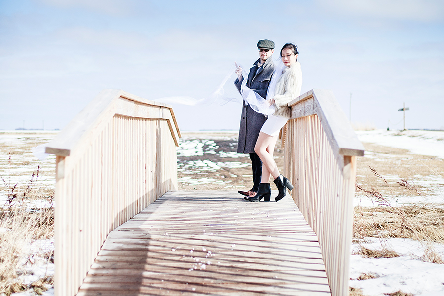 Wedding photoshoot on a bridge at the Rustic Oaks, Moorhead Minnesota, USA