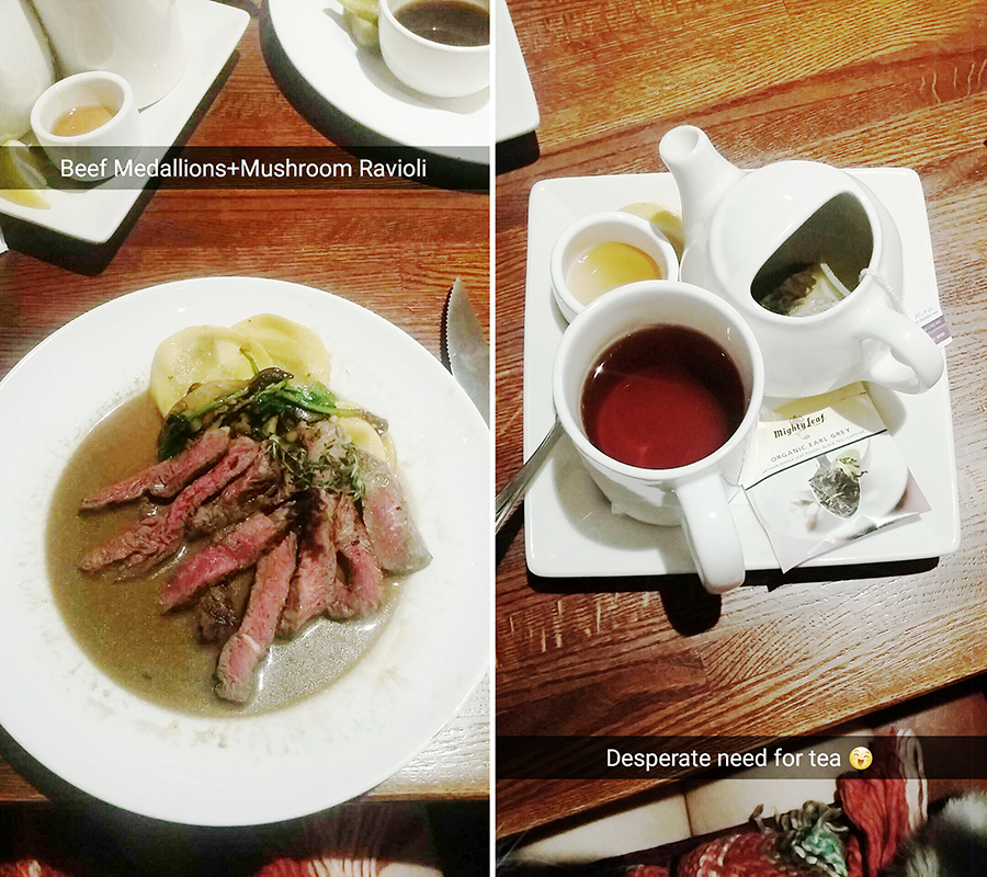 Snapchat of beef medallions and ravioli at Doolittles Woodfire Grill, Fargo, USA