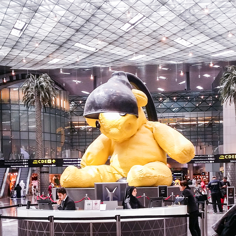 Lamp Bear by Urs Fischer at the grand foyer of Hamad International Airport, Doha, Qatar.
