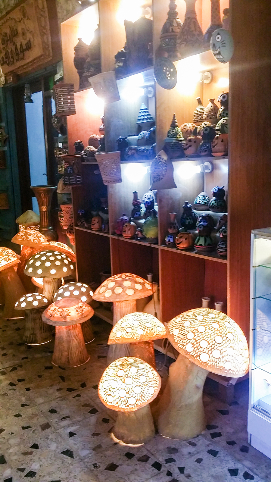 Mushroom lights on display at handicraft shops at Souq Waqif (Ø³ÙˆÙ‚ ÙˆØ§Ù‚Ù), Doha, Qatar.
