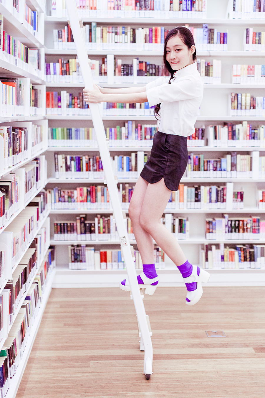 Bookworm outfit at design & lifestyle library library@orchard: Romwe quirky faces shirt, Topshop mini skirt, We Love Colors lavender socks, Taobao platform sandals.