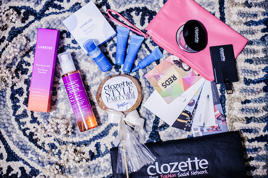 Flatlay of VIP goodies from Laneige and Clozette at Clozette Style Party 2016 in Suntec City. #ClozetteStyleParty