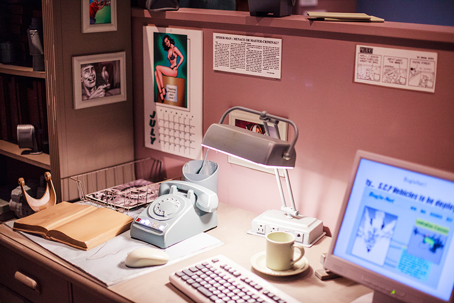 Mockups of an office desk while queuing for Model of the ride The Amazing Adventures of Spider-Man 4D ride at Universal Studios Japan, Osaka.
