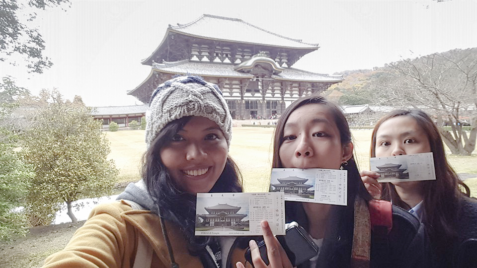 With our tickets to Todaiji at Nara Park, Japan. Photo by Shasha.