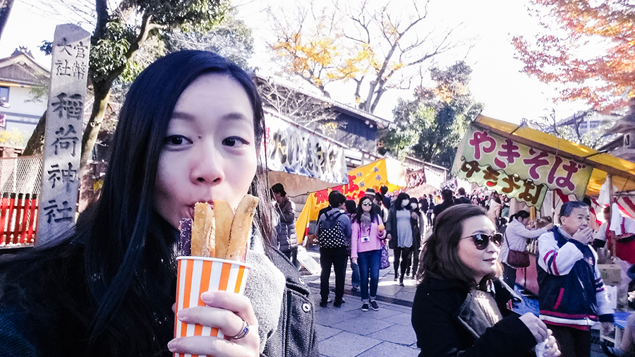 Selfie with sweet potato at Fushimi Inari, Kyoto Japan.