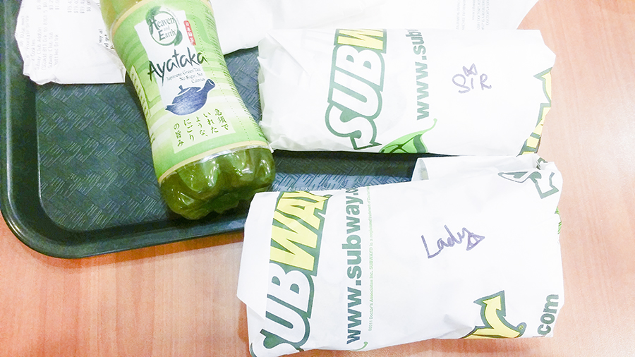 Subway sandwiches and Ayataka green tea bottle.