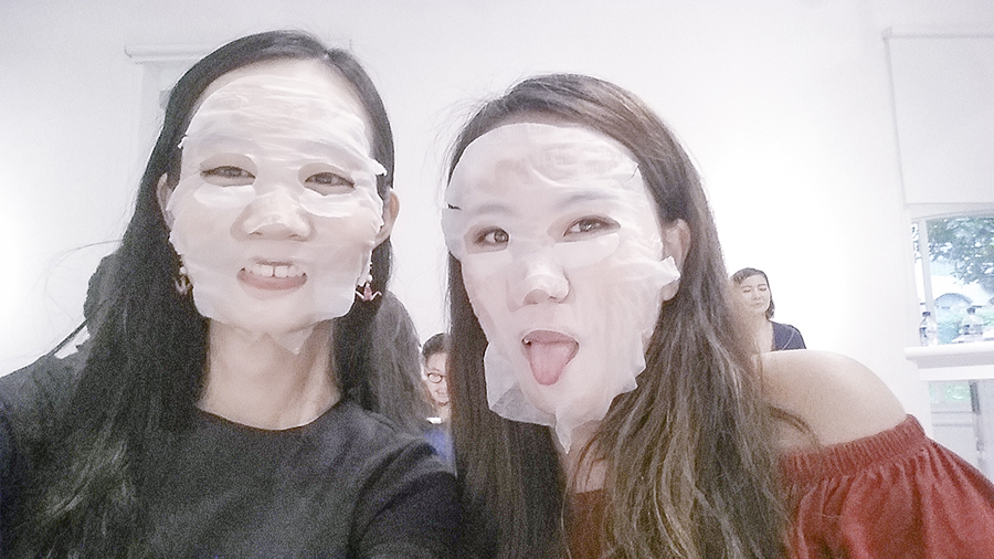 Me and Jody with our face masks at the Muji Health and Beauty Workshop at Japan Creative Centre, Singapore.