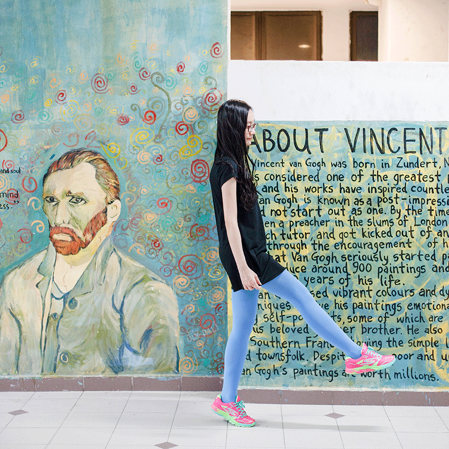 Void Deck Art Gallery: Homage to Vincent Van Gogh. Wearing CNDirect t-shirt dress, We Love Colors blue tights, Skechers neon pink sneakers, Firmoo red glasses.