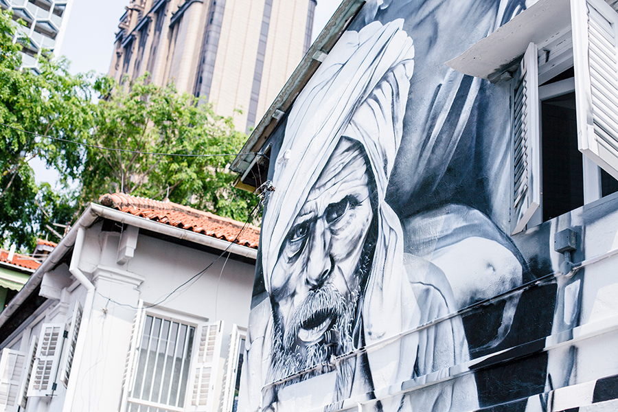 Black and White mural at Haji Lane / Arab Street, Singapore.