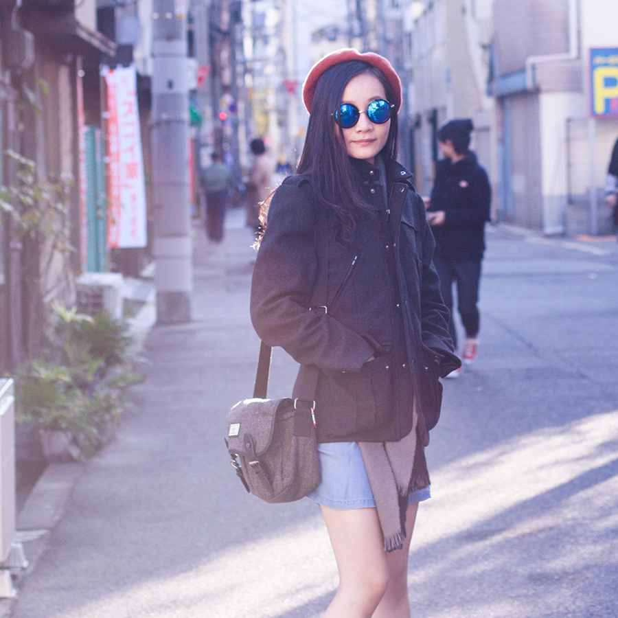Outfit in Osaka, Japan: Uniqlo denim long-sleeved dress, H&M coat, CNDirect blue round mirror sunglasses, Happy socks tan socks, Spurr Monique sneakers.